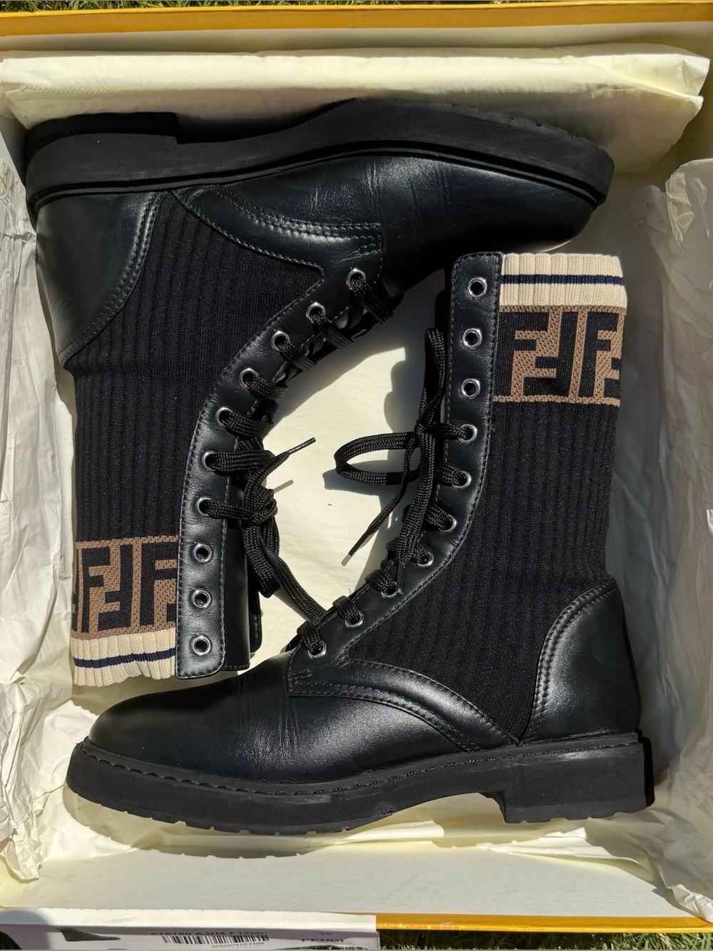 AUTHENTIC FENDI Rockoko FF Logo Combat Boots Black Leather EU 38 - Picture 11 of 17